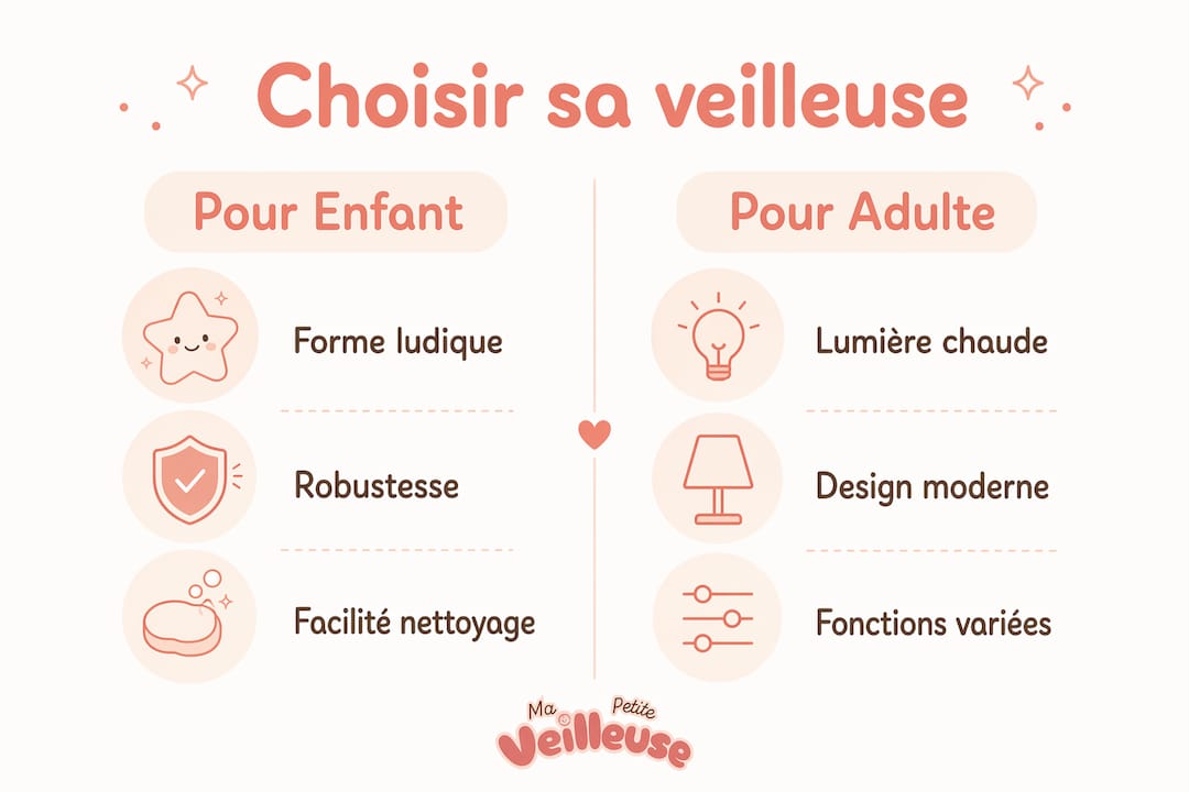 Infographie : quelles différences entre une veilleuse pour enfant et une veilleuse pour adulte ?