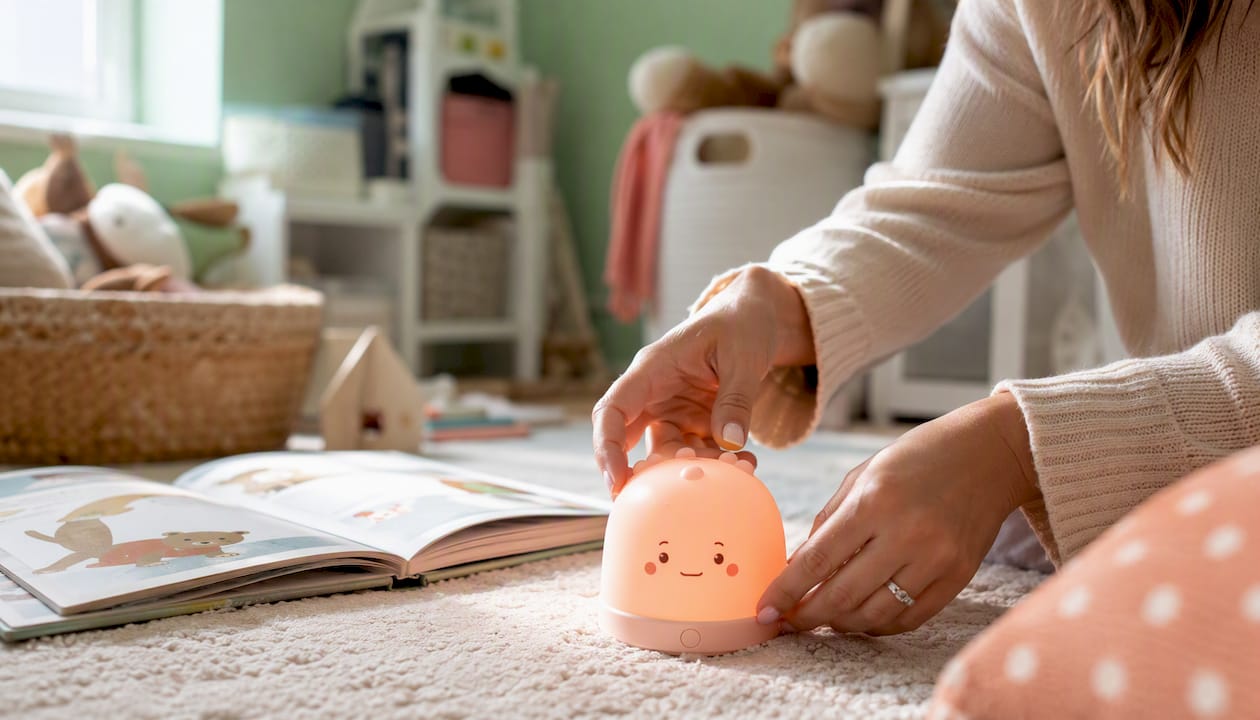 Un parent ajuste la veilleuse rechargeable de son bébé posée sur le bureau.