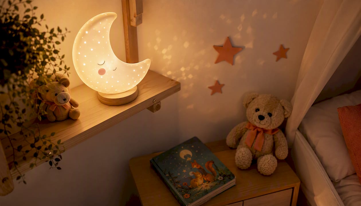 Une veilleuse installée près du lit projette une lumière tamisée qui enveloppe doucement le mur.
