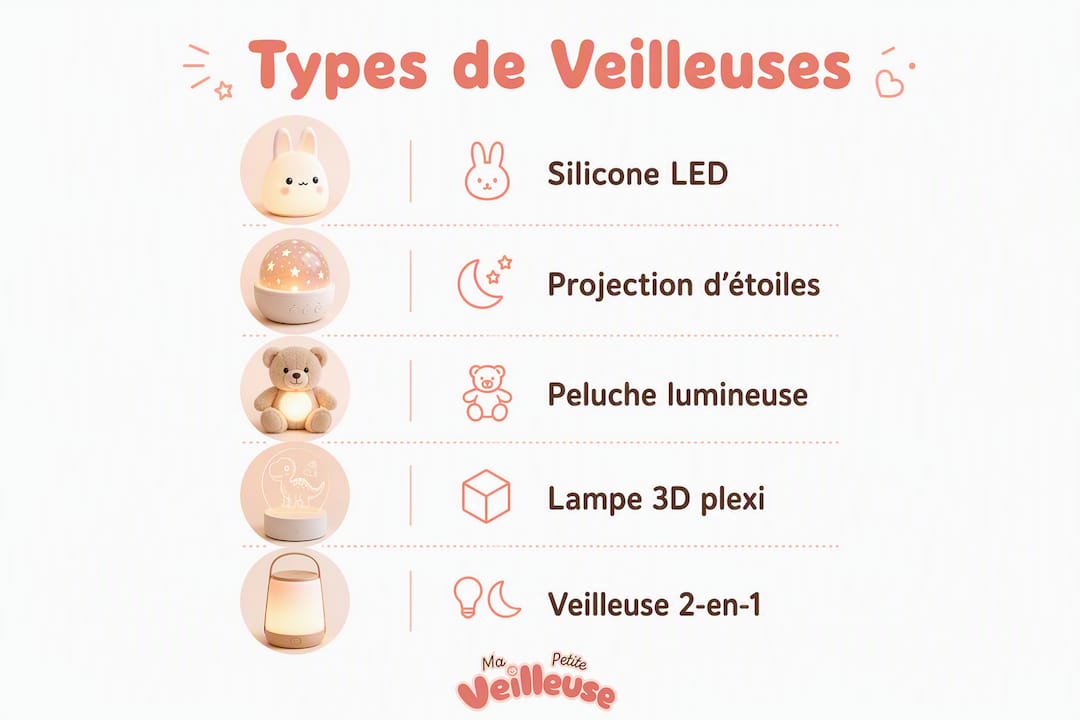 Découvrez en un coup d’œil les différents modèles de veilleuses Minnie grâce à cette infographie.