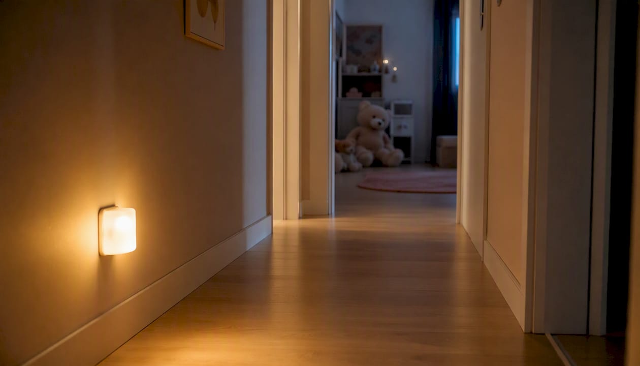 Une petite veilleuse fixée au mur diffuse une lumière douce dans le couloir pour guider les pas la nuit.
