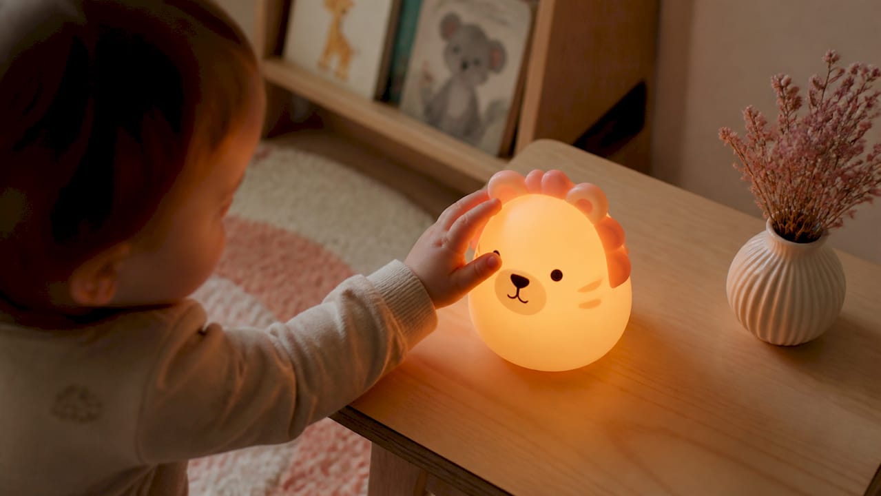 Un tout-petit s’amuse à toucher sa veilleuse en forme d’animaux de la jungle, toute douce en silicone.