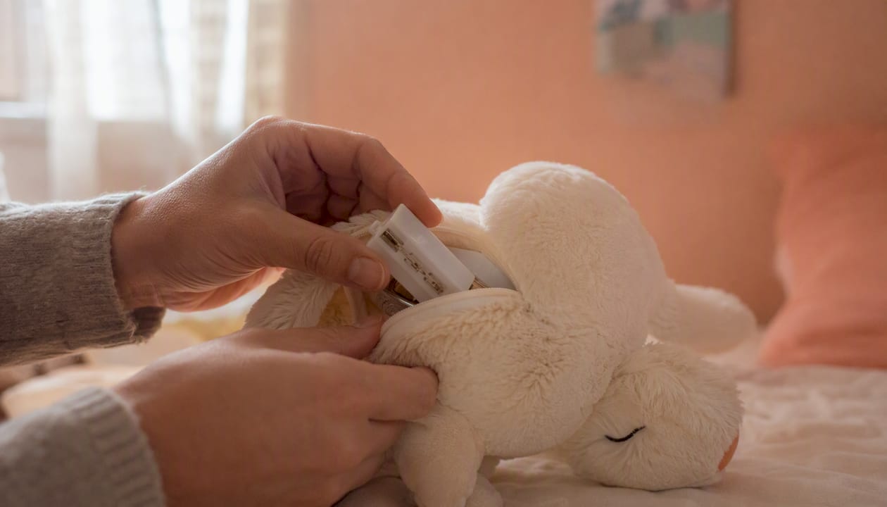 On voit des mains qui retirent le module électronique d’une peluche.