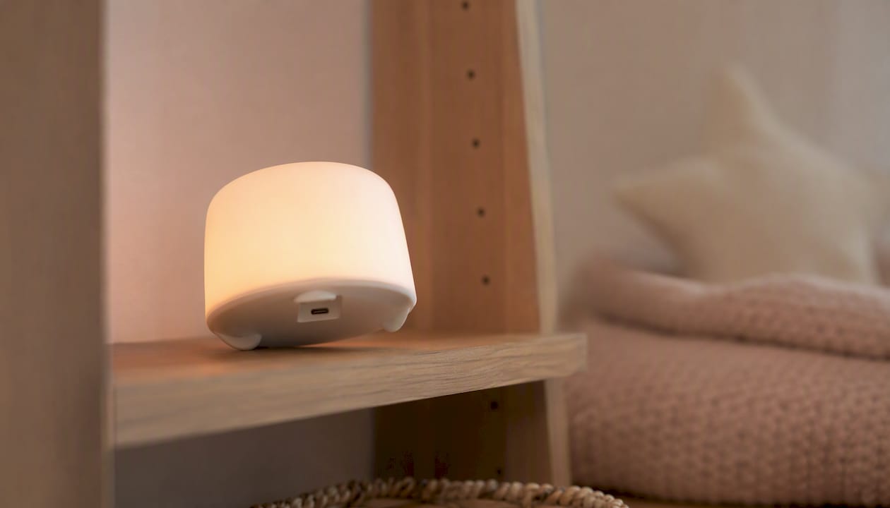 Veilleuse en silicone, conçue pour faciliter le séchage, avec port USB orienté vers le bas.