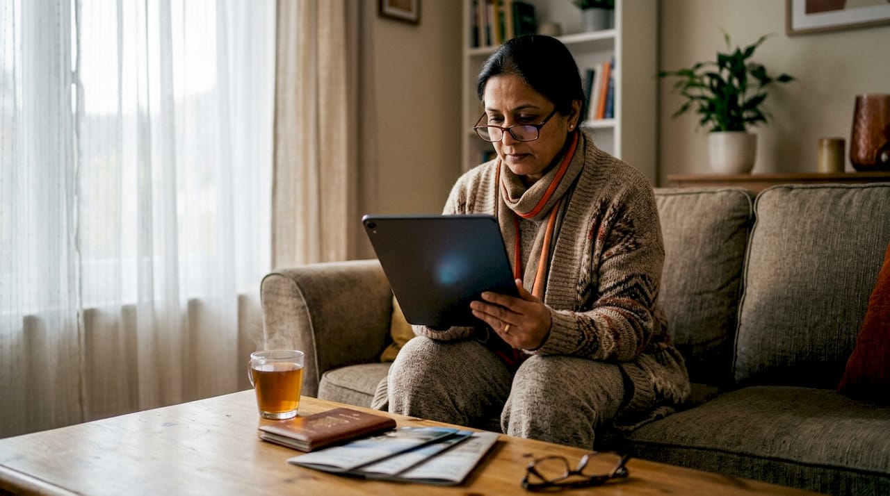 Woman scheduling virtual interview at kitchen table
