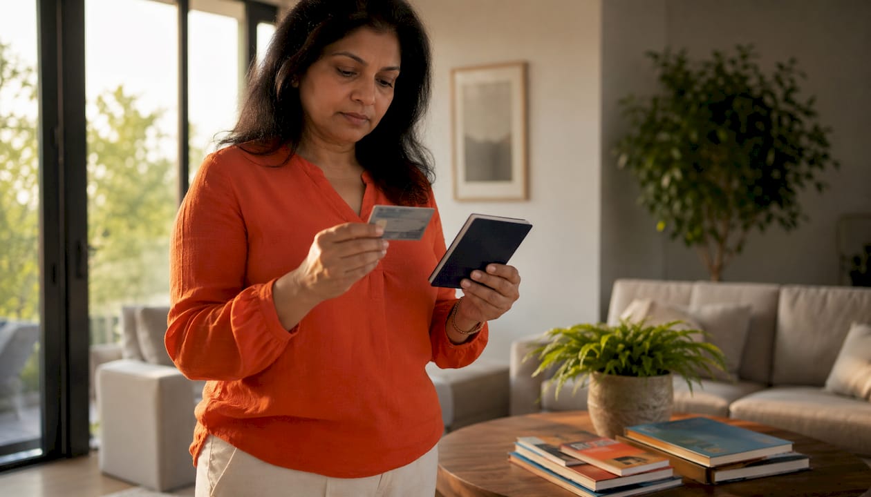 Woman comparing NEXUS card and passport
