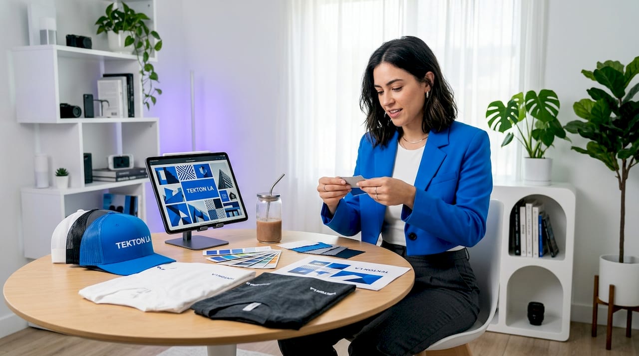 Coordinator reviewing branded apparel samples for events