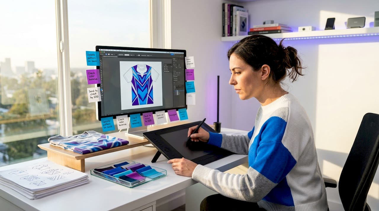 Designer editing realistic apparel mockup on monitor