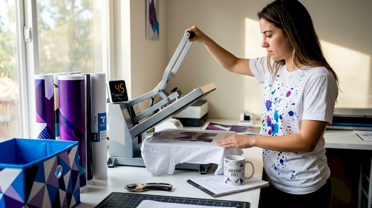 Assistant using heat press for sublimation transfer