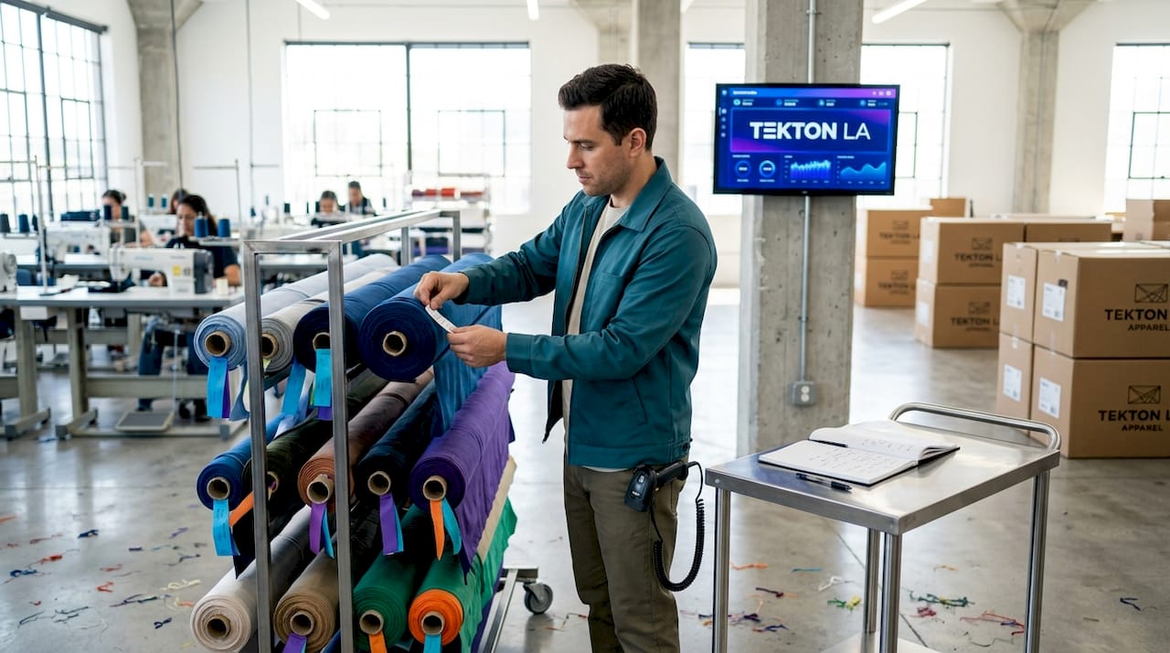 Production manager checks stock fabric bolts
