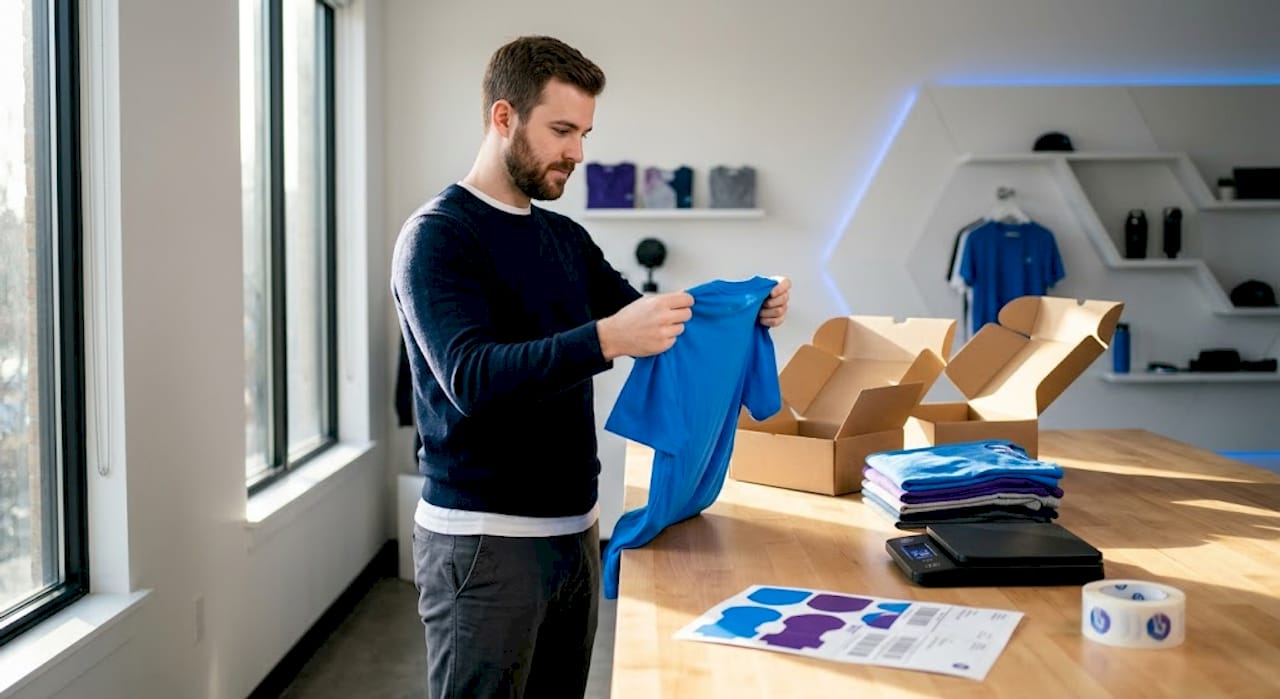 Man checking t-shirt sample quality in studio