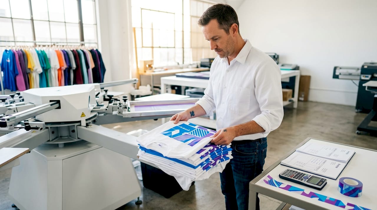 Manager checking shirts in print workshop