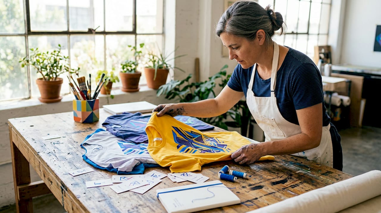 Woman inspecting cotton DTG print quality