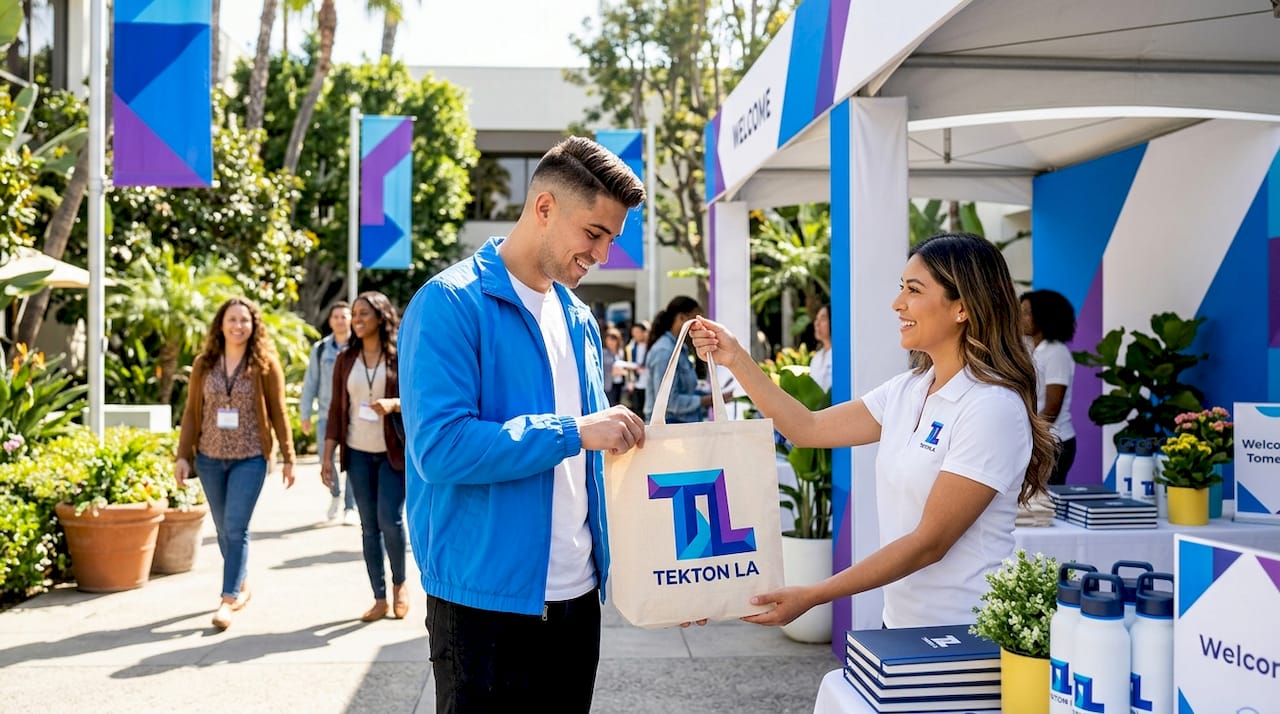 Event staff handing branded merch to attendee