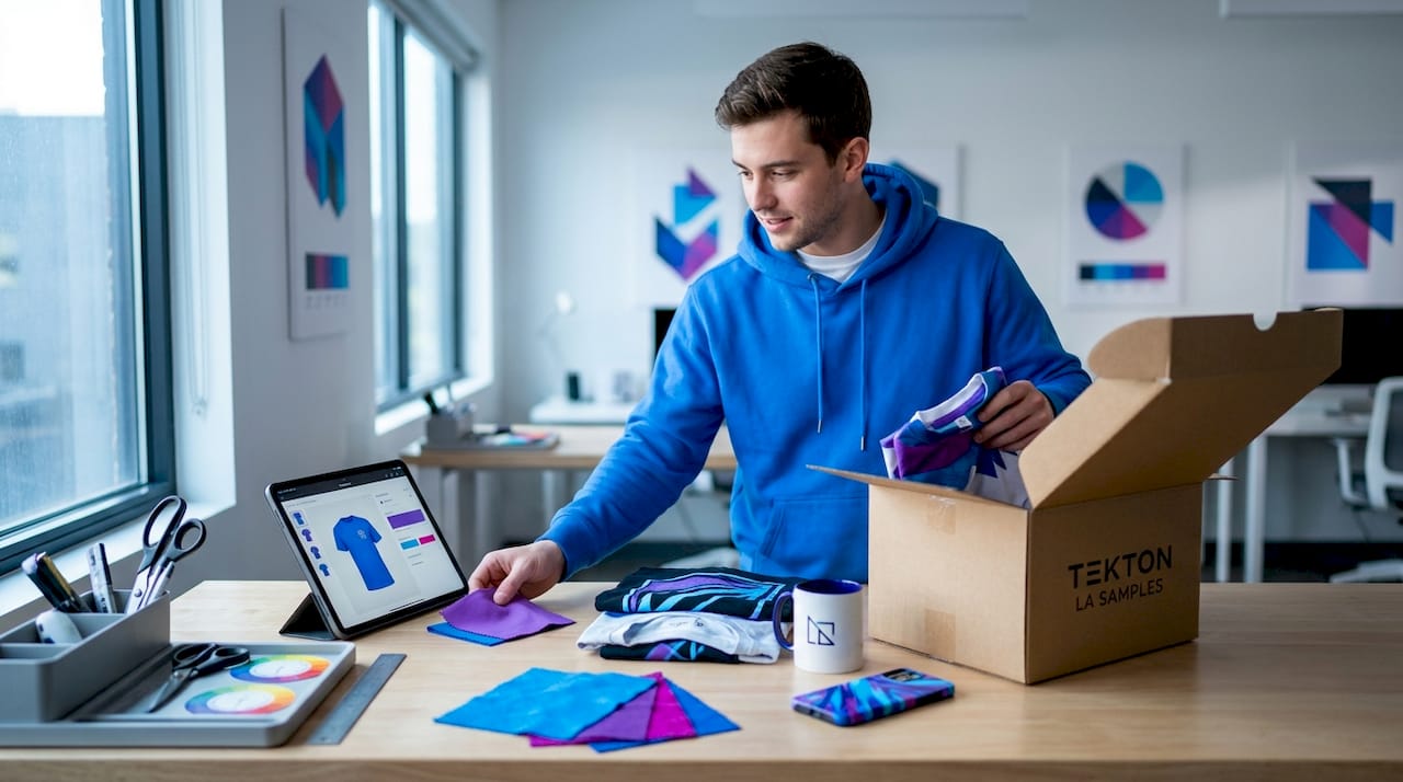 Person reviewing POD product samples