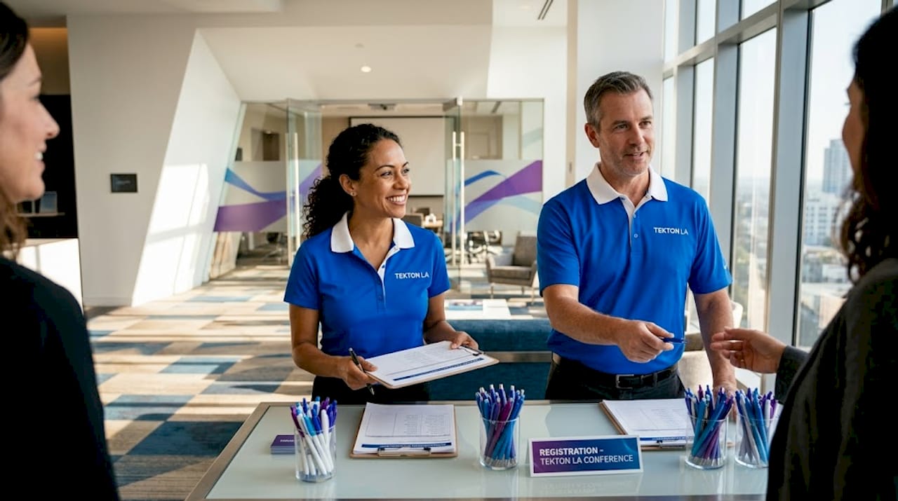 Event staff greeting in logo polos