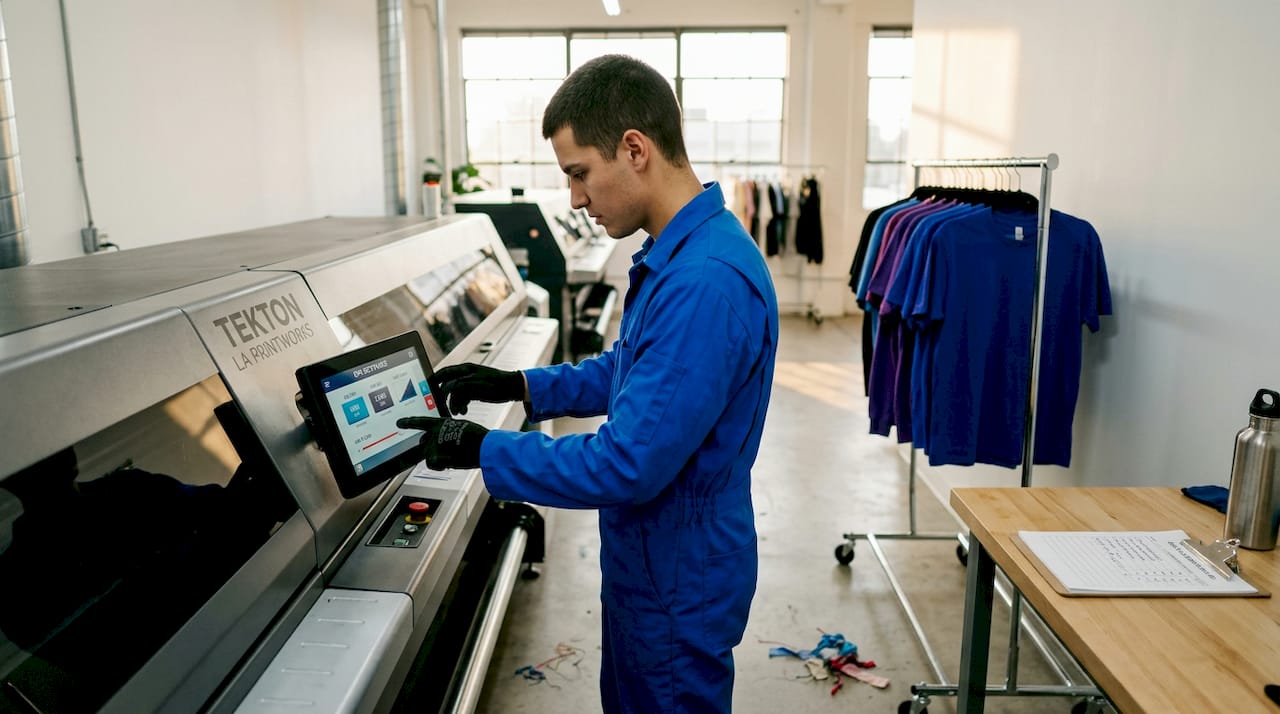 Technician calibrating garment printer for DPI