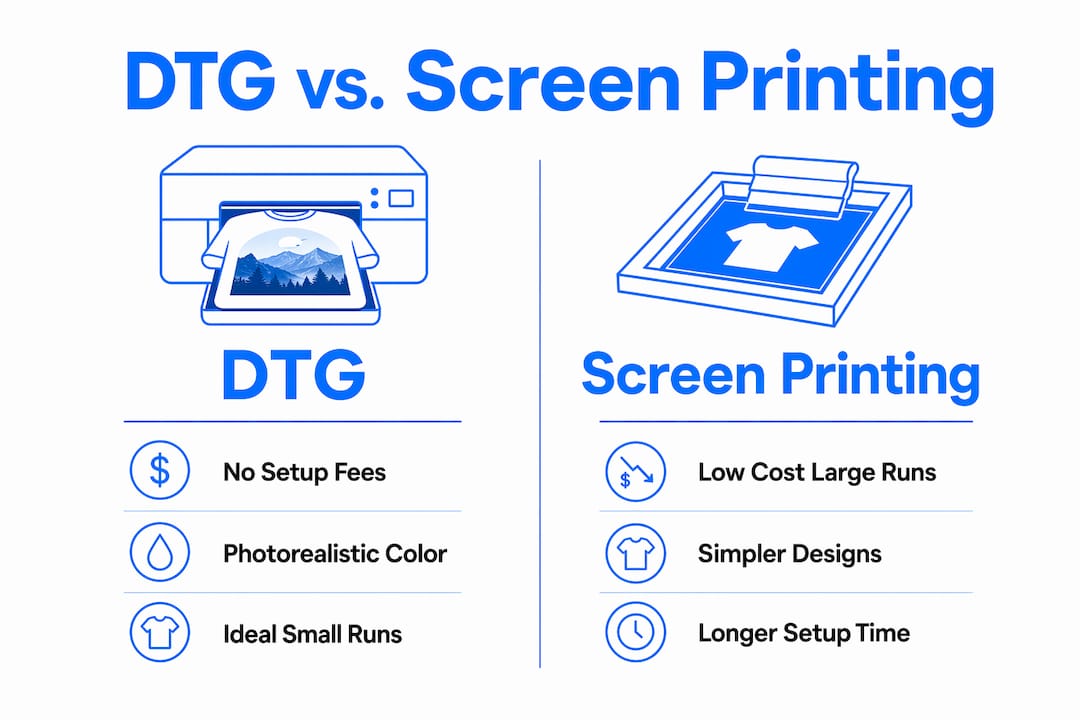 Infographic comparing DTG and screen printing key features