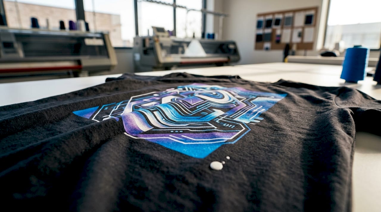 Close-up of DTG print on dark cotton fabric