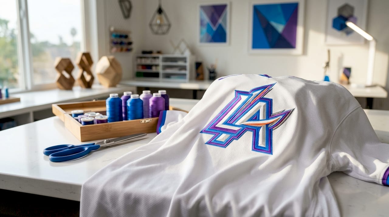 Close-up of center chest embroidered team logo on jersey