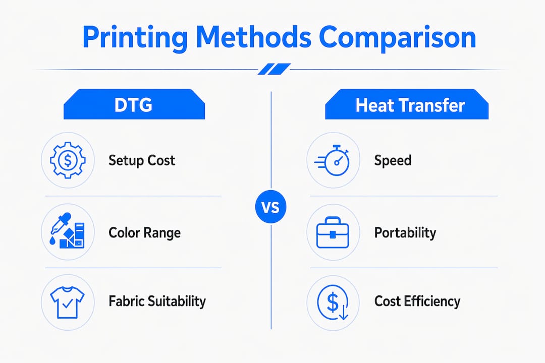 Infographic comparing DTG and heat transfer printing methods