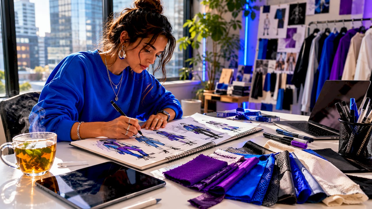 Apparel design workspace flat lay with fabric and sketches