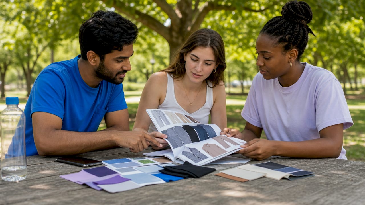 Hands pointing at apparel print catalog on office table