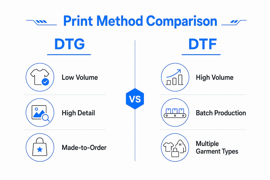 Infographic comparing DTG and DTF print methods