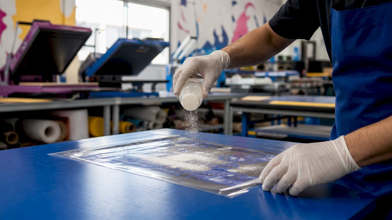 Hands applying adhesive powder on printed film