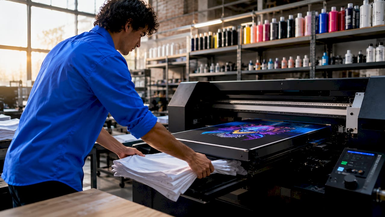 Hands loading t-shirts into DTG printer