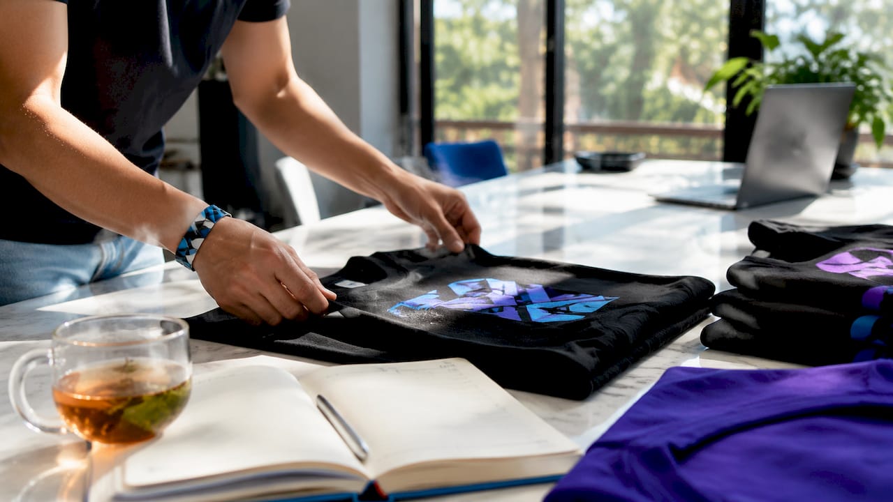 Hands sorting printed t-shirts in home office