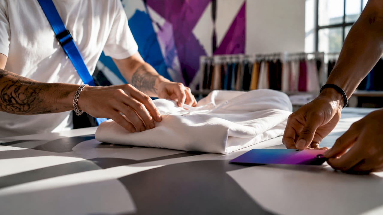 Hands managing printed hoodie in home studio
