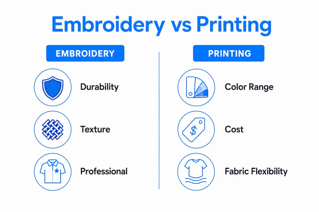 Infographic comparing embroidery and printing attributes