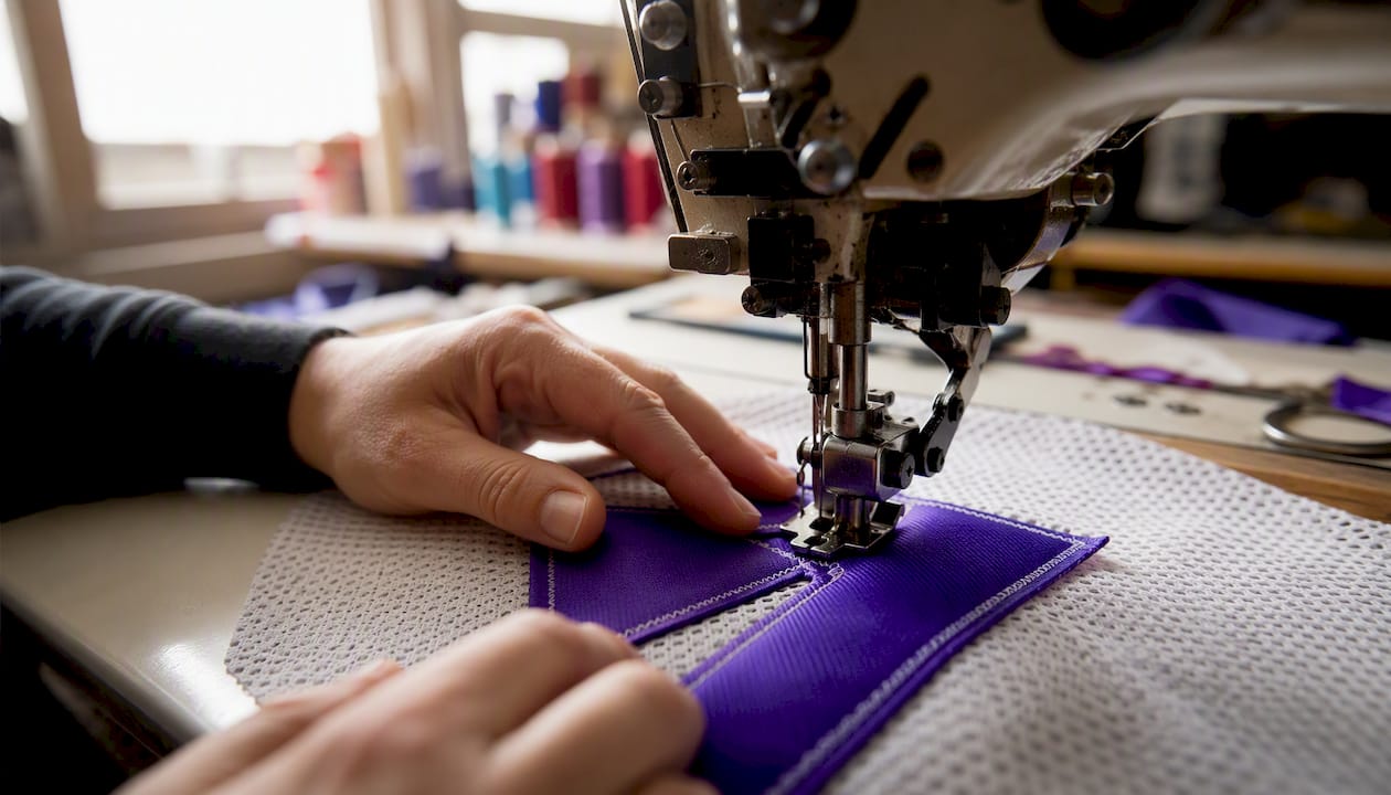 Hands sewing tackle twill applique on mesh fabric