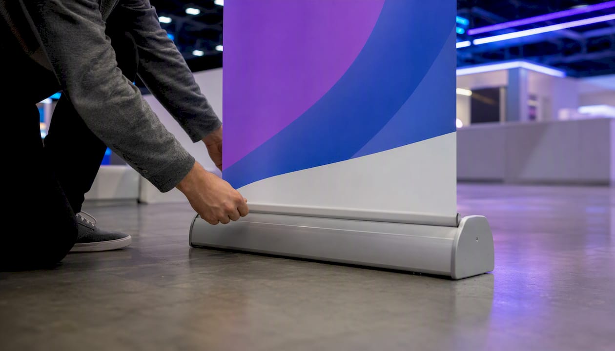 Hands extending retractable roll-up banner
