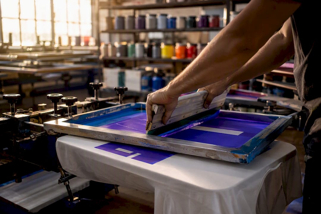 Screen printing ink pressed through mesh stencil