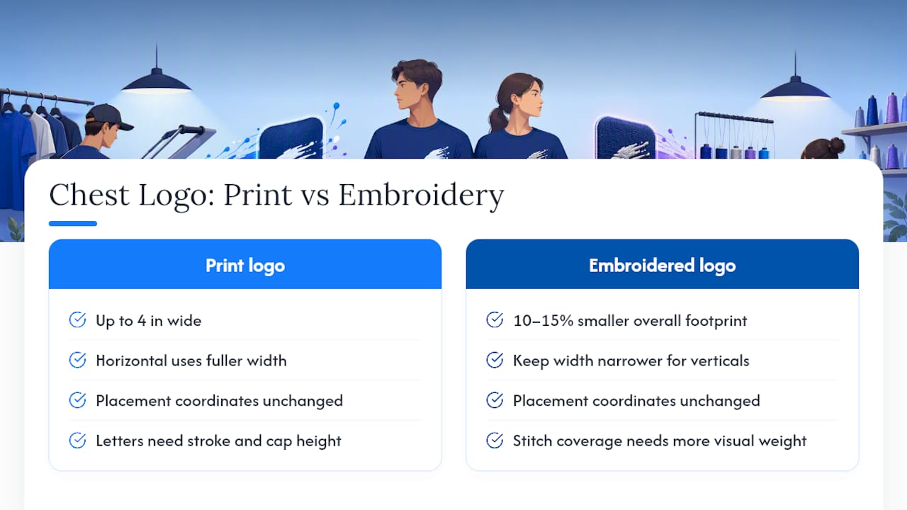 Comparison diagram of print and embroidery logo sizes