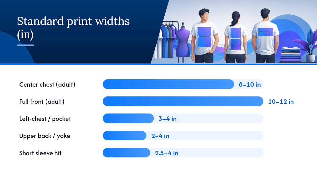 Diagram showing standard print placement measurements on t-shirts