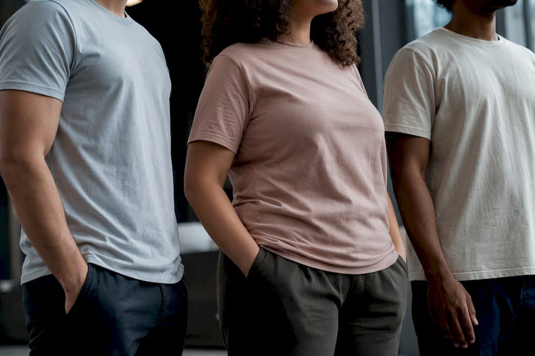Different body shapes wearing plain t-shirts showing fabric drape