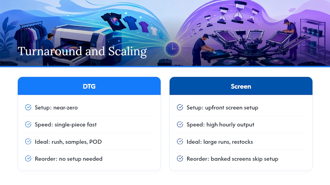 Diagram comparing DTG and screen printing setup and speed