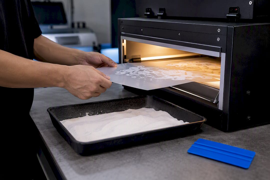 Technician curing a DTF film transfer