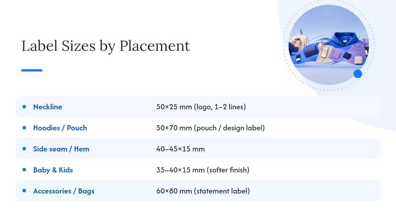 Woven label size ranges by garment placement