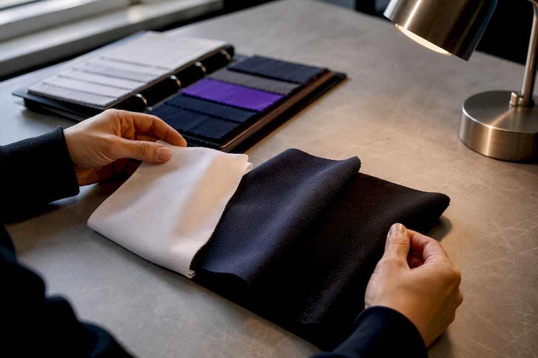 Hands comparing fabric fiber and color swatches