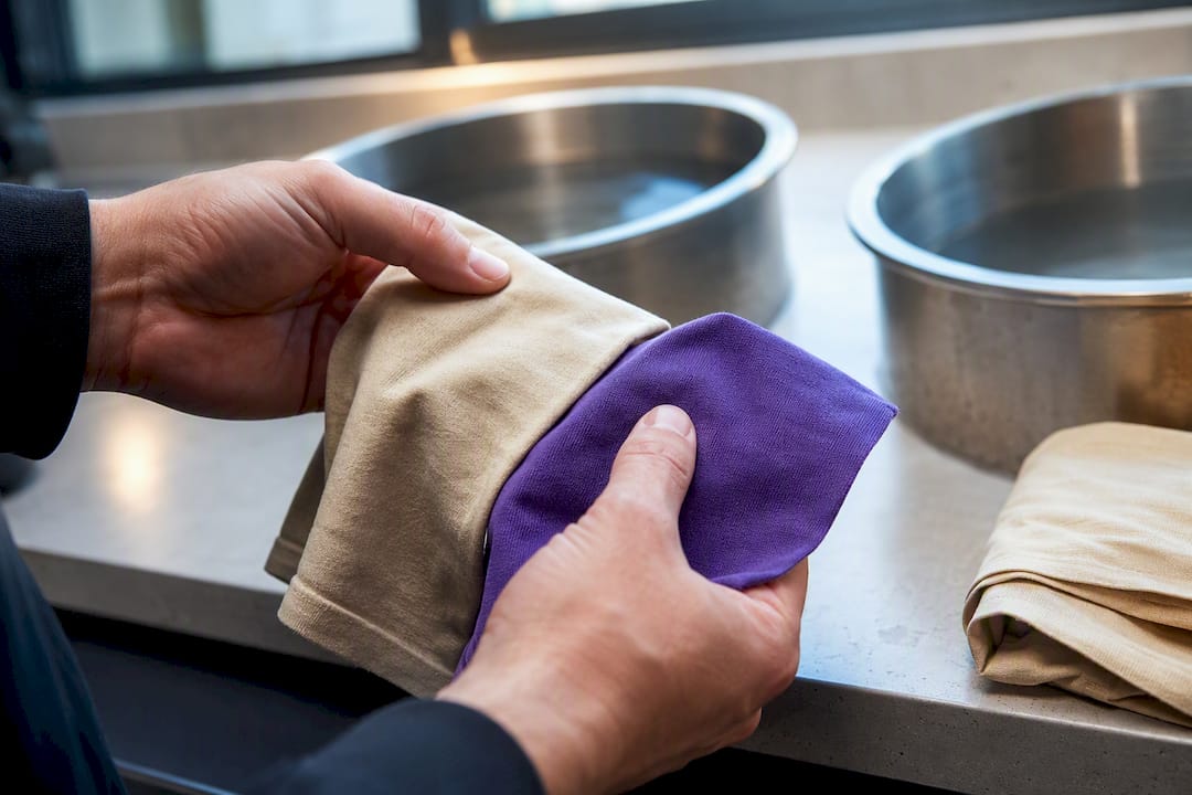 Hands comparing washed fabric swatches