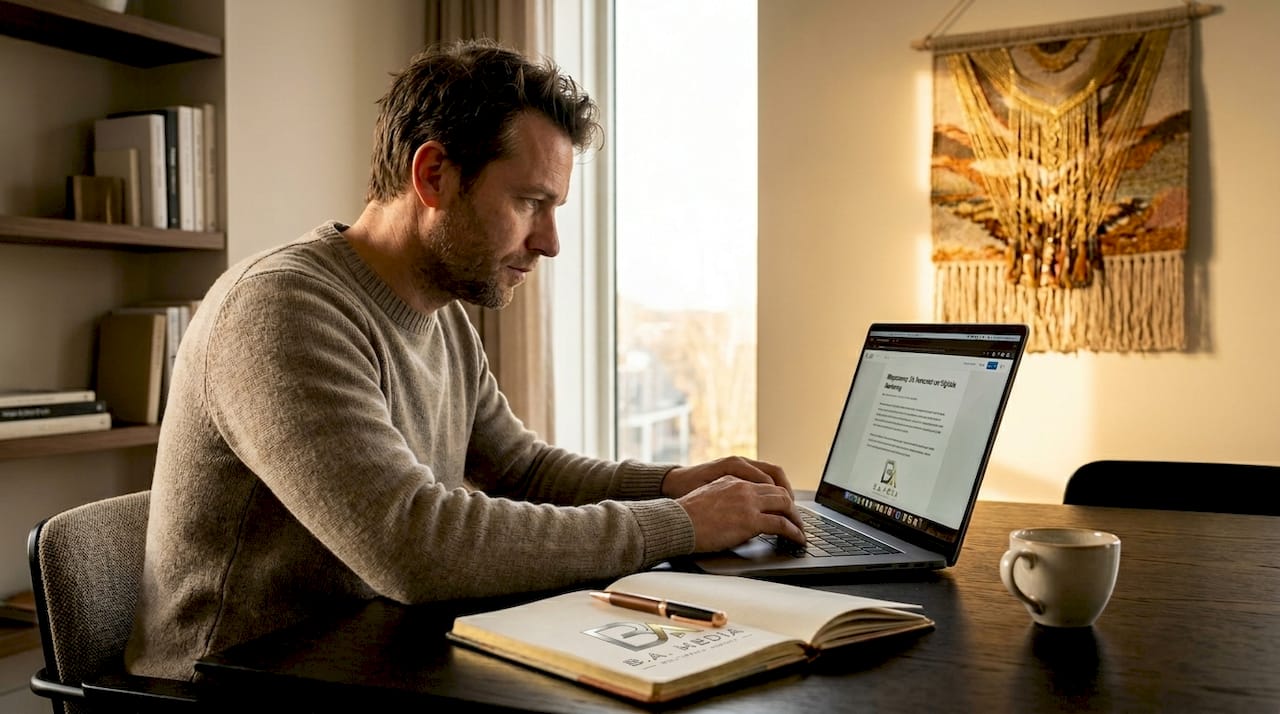 Freelancer werkt aan SEO-teksten vanuit huis, gewoon aan de keukentafel.