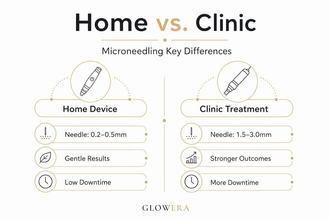 Infographic comparing home and clinic microneedling