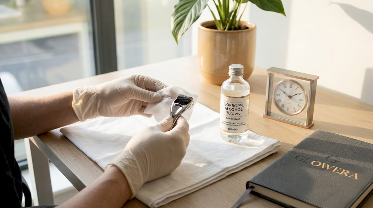 Hands disinfecting microneedling roller with alcohol wipe