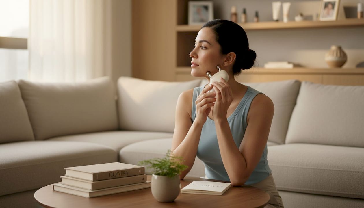 Woman using microcurrent device at home vanity