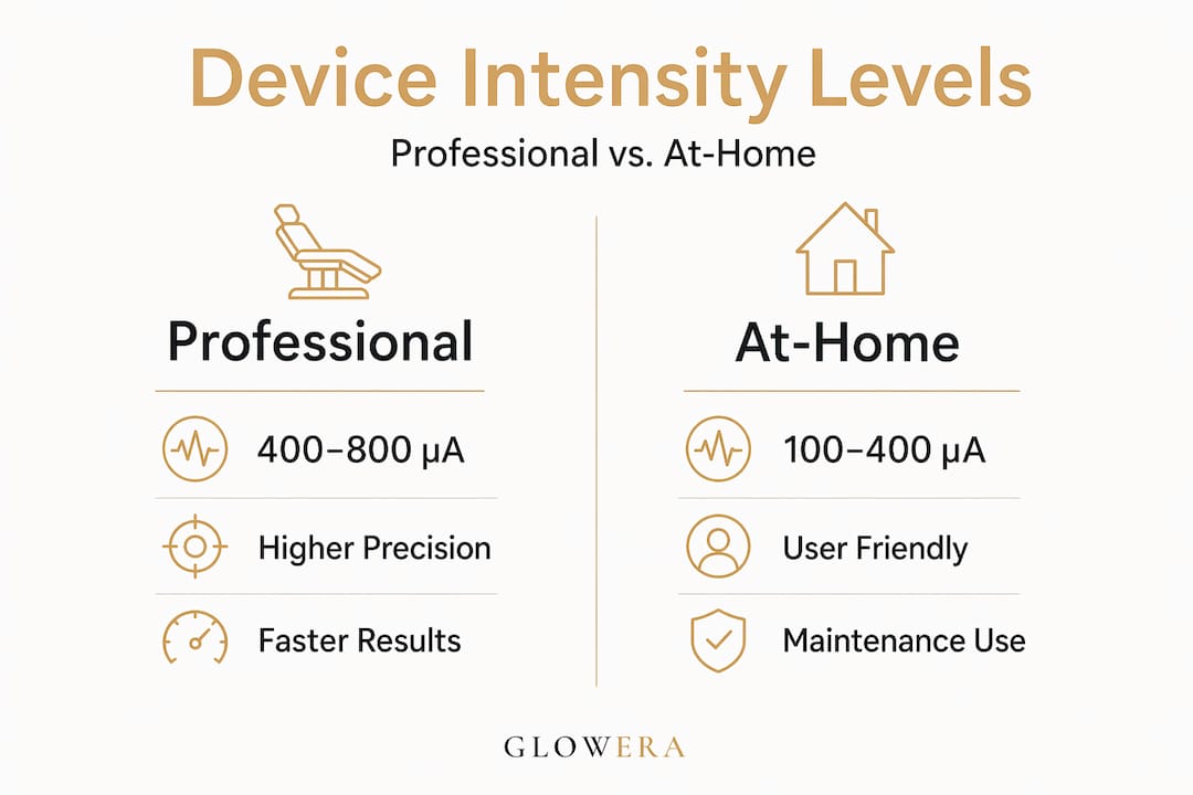 Infographic comparing professional and at-home device intensity