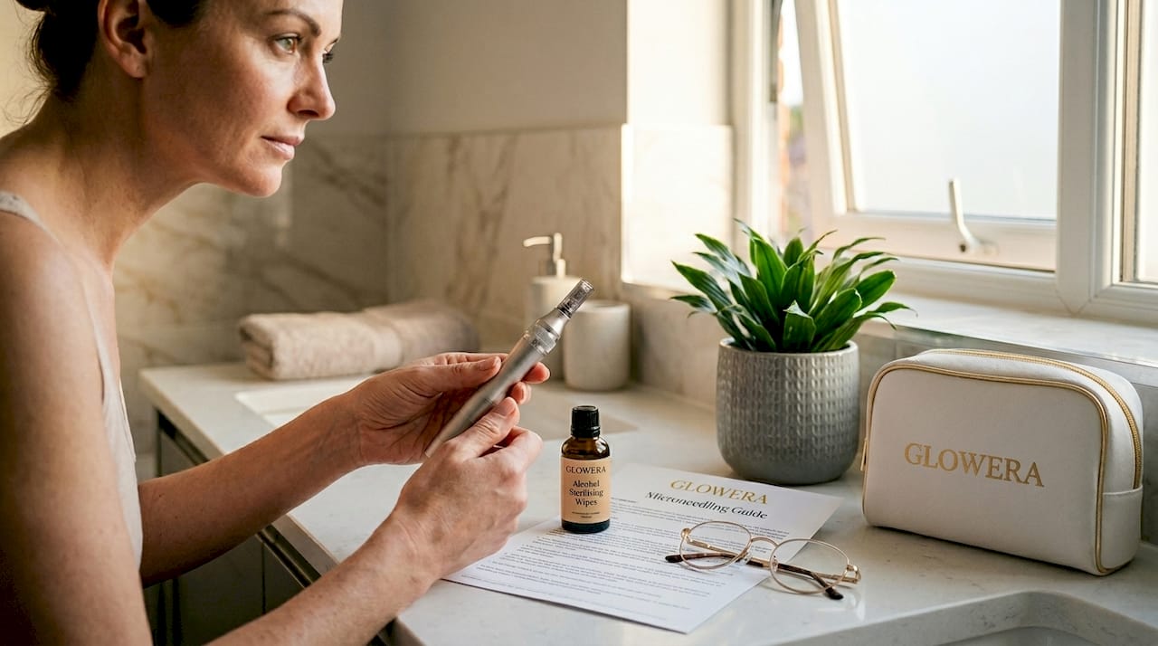 Hands preparing microneedling device at home vanity